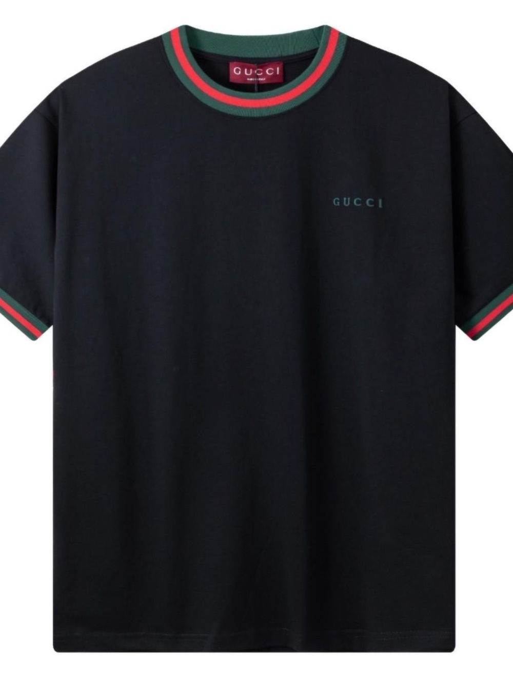 Gucci Black Cotton Tee with Green and Red Trim